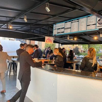 a group of people standing in a room