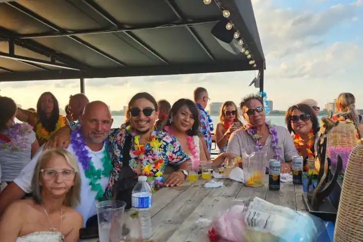 a group of people sitting at a table