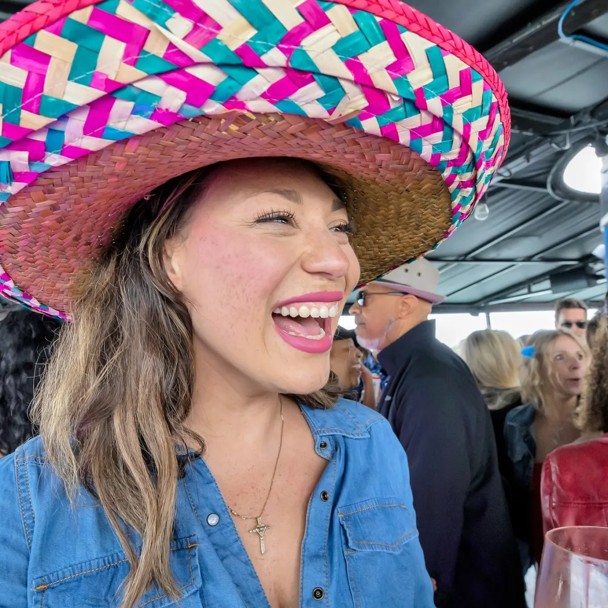 a person wearing a blue hat