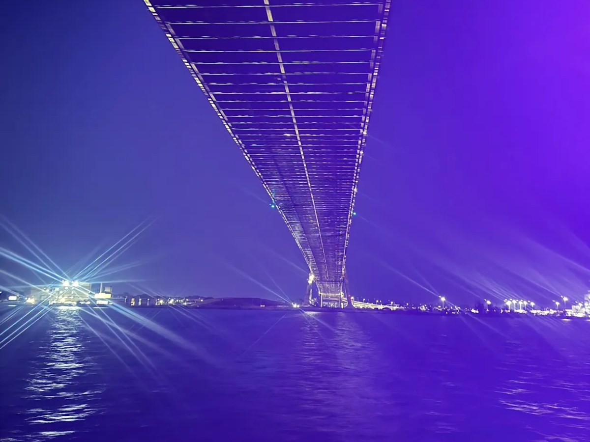 Night view of a bridge with purple lighting over water.